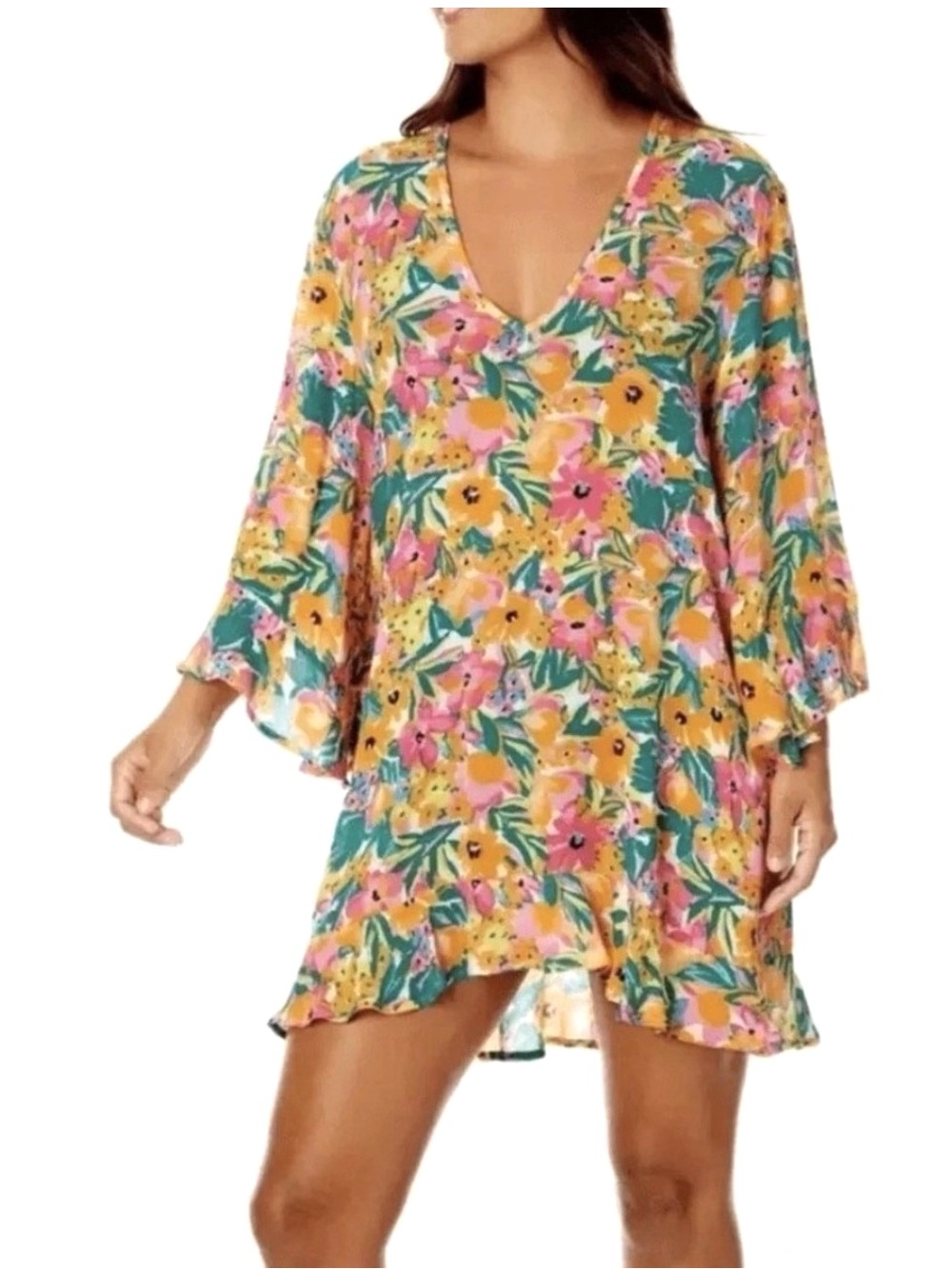 ANNE COLE Limited Edition Flouncy V-Neck Tunic Coverup, Bright Floral Print, M/L